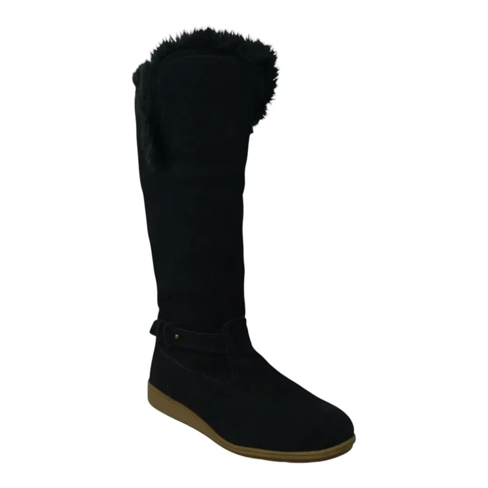 Lands End Black Suede Faux‎ Fur Lined Wedge Heel Tall Winter Boots Womens 10